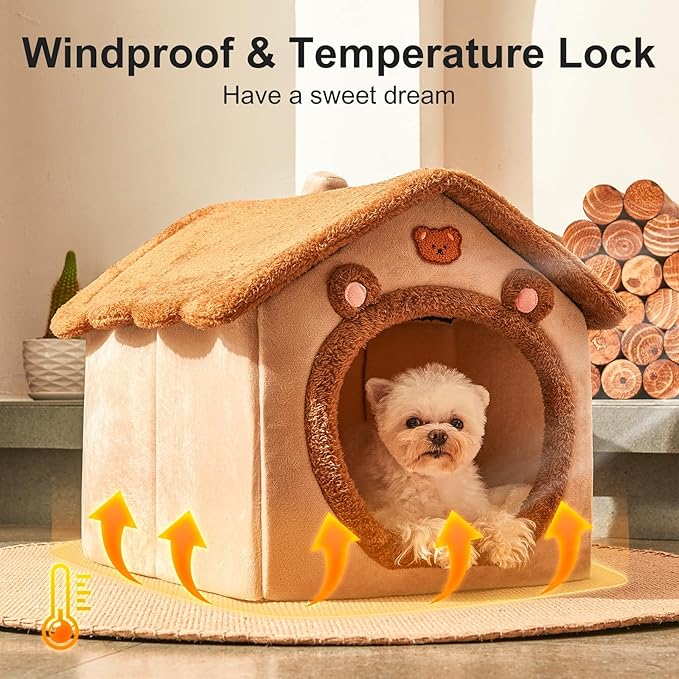 JIUPETY Cute Small Dog House Indoor, Foldable House Kennel Bed Mat with Cushion, L Size Tent for 11-16 lb Dogs and 18-22 lb Cats, Dog Cave Bed with Non-Slip Bottom, Brown