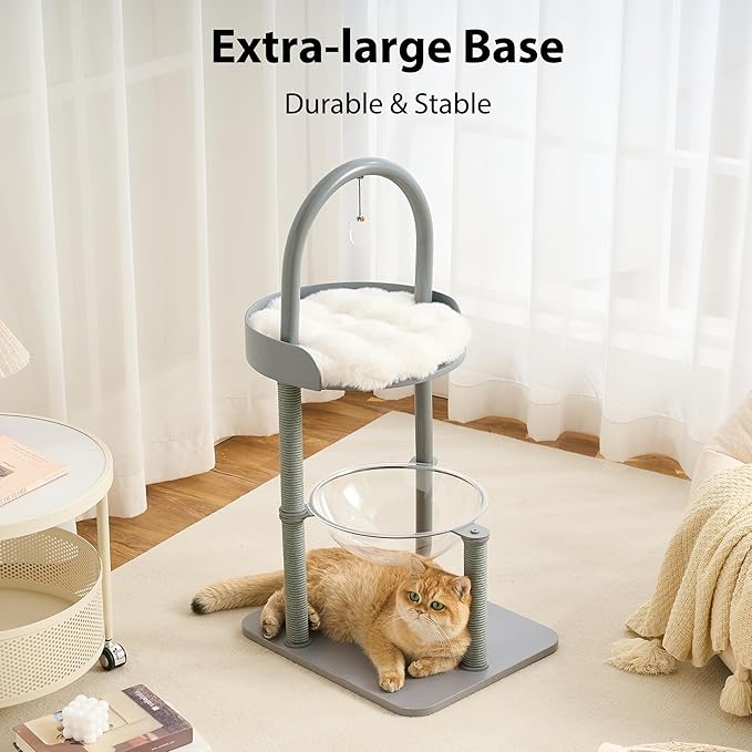 34" Modern Cat Tree Furniture, Minimalist Metal Frame Cat Tower with Wood Platforms, Washable Cushion & Scratching Post, Stylish Cat Condo for Indoor Cats, Dove Gray