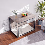 DWANTON Dog Crate Furniture with Cushion, Wooden Kennel Table with Double Doors, Indoor Dog House, Extra Large Size, 43.3" L, Greige