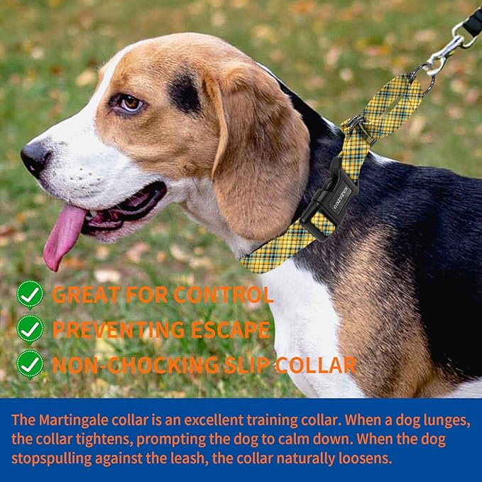 Kazazoo Martingale Collar for Dogs with Quick Release Buckle Adjustable Soft Durable Dog Collar for Small Medium Large No Pull Training Dog Collars-Yellow&Blue Plaid L