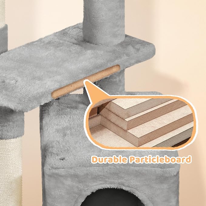 Yaheetech Cat Tree, Multi Level Climbing Tower for Indoor Cats, Pet Activity Center Scratching Post Indoor Furniture Bed with Basket for Kittens, Light Gray
