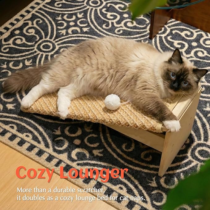 PETKARAY Inclined Cat Scratcher, Sisal Scratching Ramp for Indoor Cats, 24.8'' Cat Scratch Post for Couch, Replaceable Sisal Scratch Pad with Toy Ball, Classic
