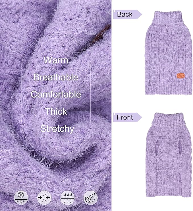 BEAUTYZOO Small Dog Sweater -Turtleneck Pullover Classic Cable Knit Fuzzy Winter Coat Dog Cold Weather Clothes for Small Medium Dogs Puppy Girl Boys,Purple XS