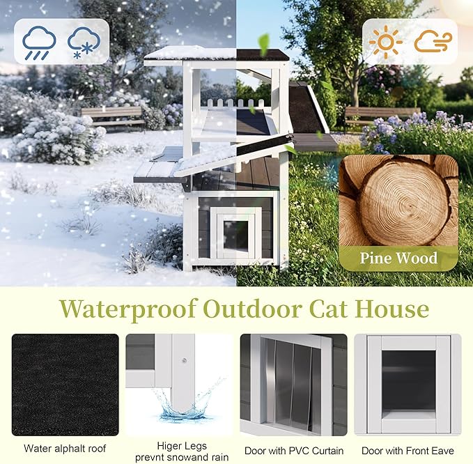 4-Tier Outdoor Cat House for Multiple Cats, Weatherproof Wood Catio Cat Tree Tower, Feral Cat Shelter Outside Enclosure with Balcony, Scratching Post, Ramps & Escape Flap Doors (White)