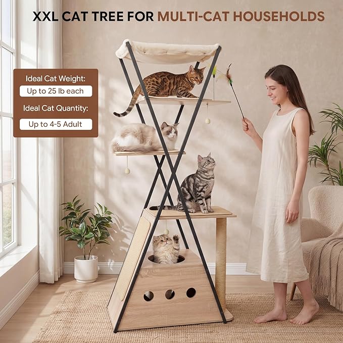 71" Modern Wood Cat Tree for Large Cats - Heavy Duty Tall Cat Tower for Indoor Cats, Multi-Level Cat Furniture with Spacious Condo, Large Perch, Scratching Posts & Hammock(Washed Grey)