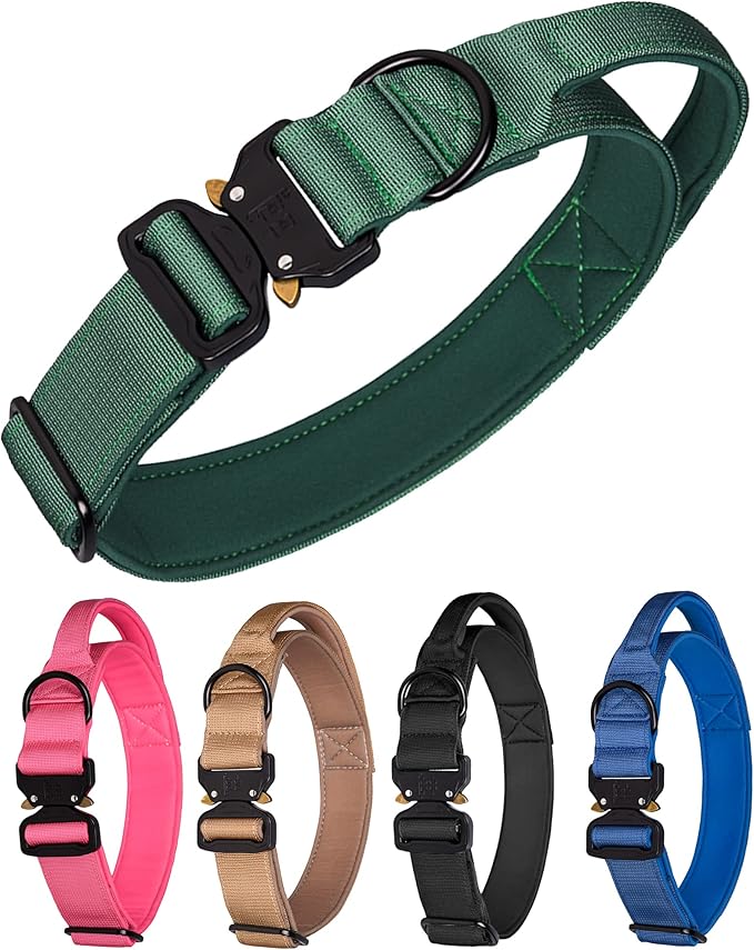 Tactical Dog Collar for Medium Large Dogs, Heavy Duty Dog Collars with Handle, Metal Buckle Dog Training Collar, Thick Large Military Dog Collar. (L, Green)
