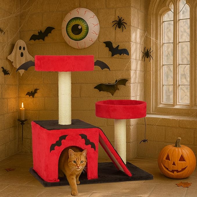 Gothic Cat Tree with Coffin Bed for Indoor Cats, 26" Gothic Cat Tree, Cat Tower with Spacious Cat Condo, 2 Padded Perches, Spider Toy, Scratching Posts, Scratching Ladder for Large Cats, Red & Black