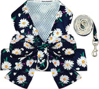 BAEJMJK Dog Harness and Leash Set with Bow Knot No Pull Pet Daisy Floral Harness with D-Ring Soft Mesh Dog Harness Vest Set Escape Proof Princess Puppy Harness for Small Girl Dogs Cats（Navy Blue S）