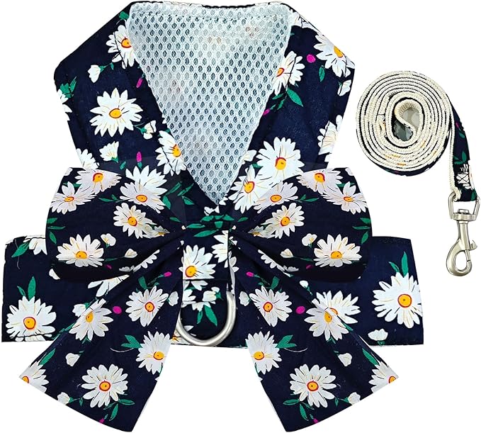 BAEJMJK Dog Harness and Leash Set with Bow Knot No Pull Pet Daisy Floral Harness with D-Ring Soft Mesh Dog Harness Vest Set Escape Proof Princess Puppy Harness for Small Girl Dogs Cats（Navy Blue S）