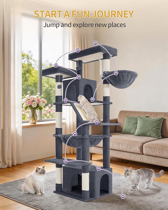 Large Cat Tree, 72 Inch Tall Indoor Cat Tower for 6 Large Cats, Corner Climbing Activity Pet Condo with 2 Large Platforms/2 Cats House/6 Scratching Post/1 Hanging Basket, Dark Gray MS18318SG