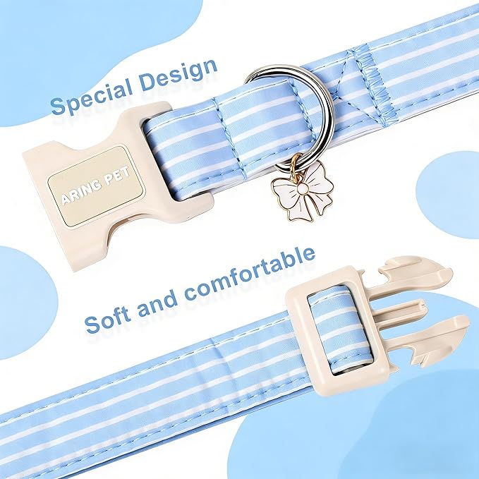 ARING PET Stripe Dog Collar, Cute Spring Summer Blue Stripe Pet Collars with Bow Charm for Puppy Small Medium Large Boy Girl Dogs-XS, for Daily Outdoor Walking Training