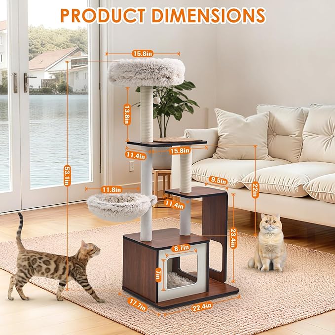54-Inch Premium Multi-Level Modern Cat Tree & Tower - Unique Design Indoor Cat Condo with Scratching Posts, Hammock, Top Perch & Interactive Drop Ball Toy