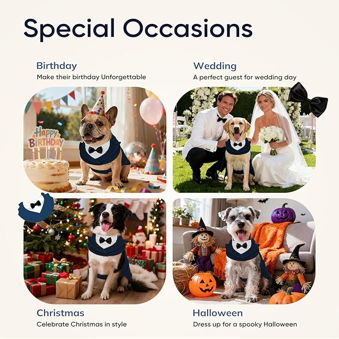 Supet Dog Tuxedo and Bandana Set with Bow Tie, Formal Outfit for Wedding Birthday Party Graduation Valentines, Pet Suit Clothes for Large Medium Small Dogs (Blue, 2XL)
