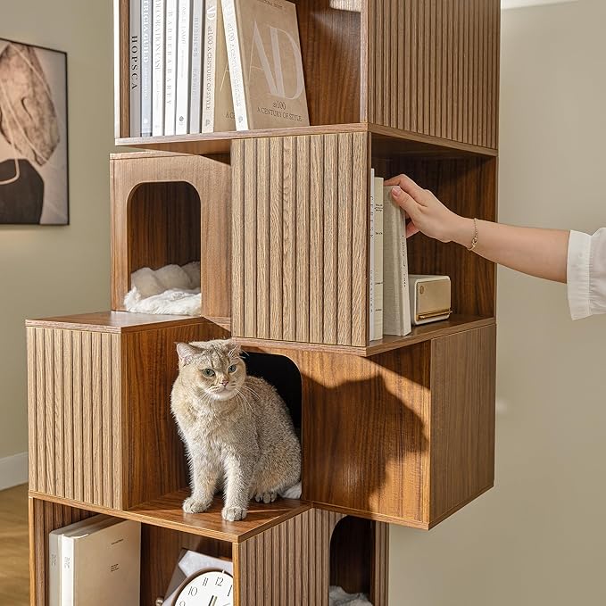 EUREKA ERGONOMIC Pawlio Cat Tree Bookshelf, Cat Bookcase, Modern Shared Bookshelf Cat Tree, Modern Pet Condo with Climbable Shelves, Indoor Dog and Cat Furniture, 72"(Walnut)