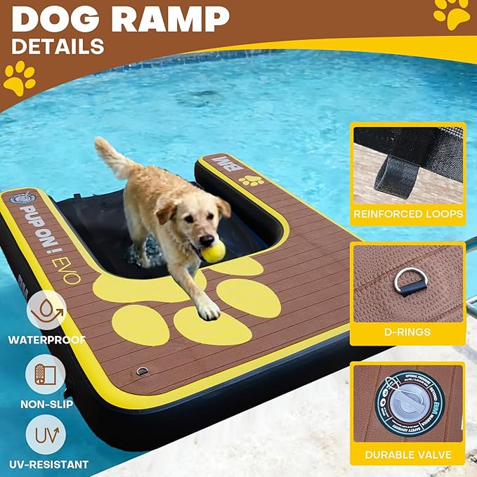 Beyond Marina Dog Pool Ramp - Inflatable Dog Water & Boat Ramp for Lake, Floating Pontoon Dock Ladder with Non-Slip EVA, PUP ON Full EVA, Extra Large 59" x 47" x 6", Teak/Yellow, Supports 230 lbs