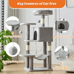 Cat Tree Tower 44 Inch, Small Cat Tower with Condo, Hammock, Sisal Scratching Posts, Extended Perch, Pet Play House for Indoor Kittens and Cats, Light Grey