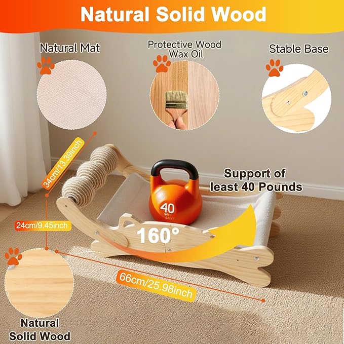 3-in-1 Cat Scratcher Bed for Indoor Cats Sisal Scratcher & Hammock Lounge with Solid Wooden Perch, No-Tip Stable Base for Large Cats, Durable Cat Scratch Pad & Cat Furniture (Easy Assembly)