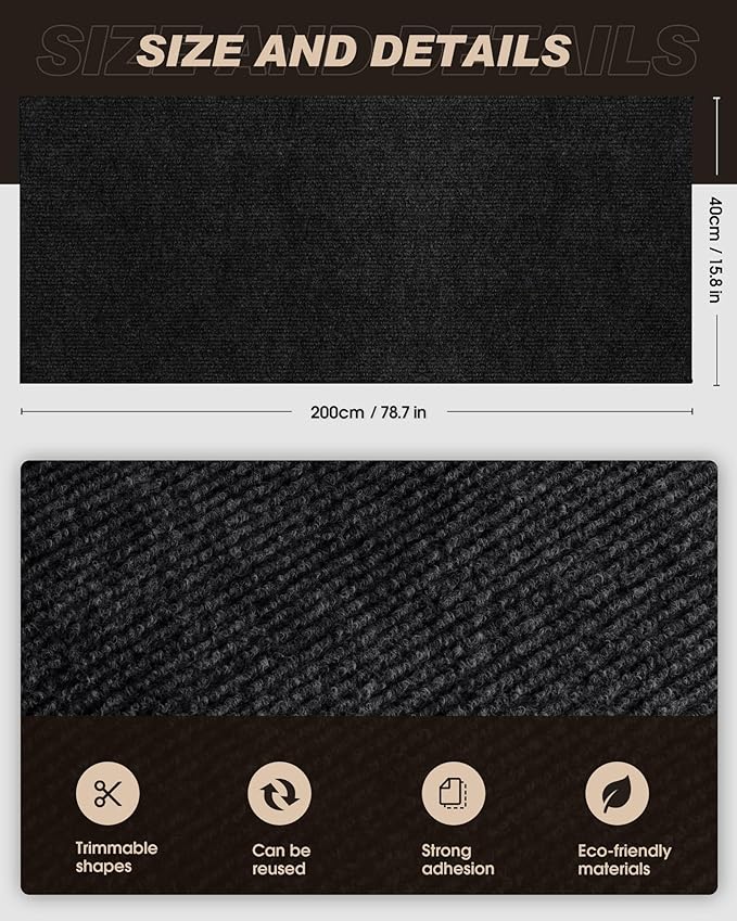 Cat Scratch Furniture Protector, Trimmable Self-Adhesive Carpet, DIY Climb Cat Scratcher Mat for Covering Cat Tower and Couch Protector from Cat Claws (78.7x15.8in Black)