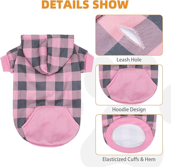 KOOLTAIL Plaid Dog Hoodie Pet Clothes Sweater with Hat and Pocket for Small Medium Large Size Dogs, Soft Winter Warm Dog Cold Weather Coat, Fleece Fall Dog Hooded Sweatshirt for Puppy Cats, Pink S