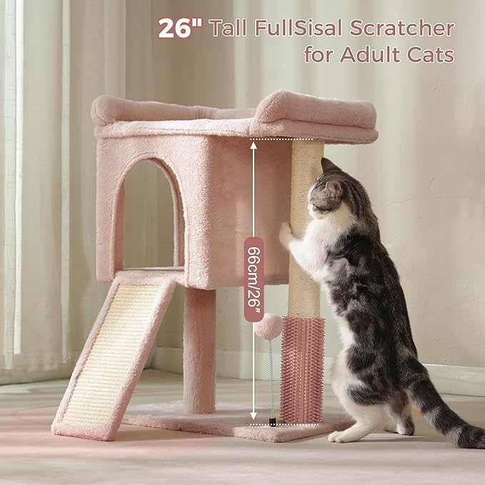 Pink Cat Tree Tower for Large Cats with Large Top Bed 20x13.8”Private Cat Condo,Sisal Scratching Post and Ramp and Self Groomer and Spring Ball-Pink