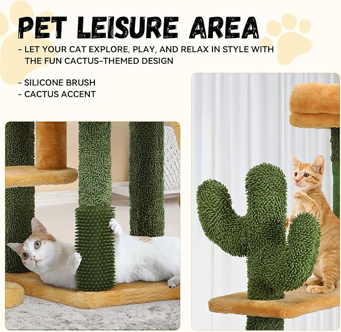 DWVO Cactus Cat Tree for Large Cats: 60" Tall with Self-Grooming Brush, Cute Kitten Climbing Tower for Indoor Kittens with Cat Condo, Top Perch, Basktet, Sisal Scratching Posts, Dangling Ball