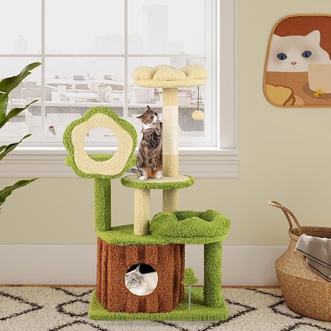 PETSITE Forest-Themed Multi-Level Cute Cat Tree, 40 Inches Tall with Sisal Scratching Posts, Condo, Dangling Ball, and Spring Toy, Ideal for Indoor Small & Medium Cats (21.5 x 16 x 40 inches)