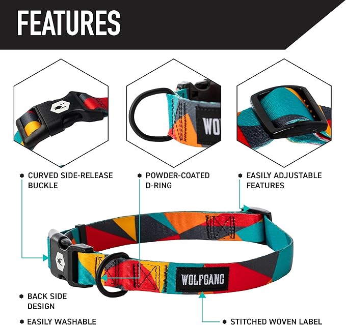 Wolfgang Heavy Duty, Adjustable Dog Collar with Quick Release Nylon Buckle for Walking & Training, ShatterShapes Print, Medium