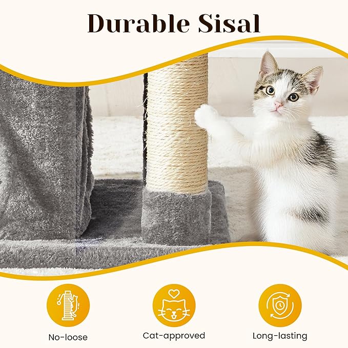 Modern Cat Tree with Scratching Posts, Cat Bed, Hammocks & Condos – Multi-Level Cat Tower for Playful Cats, 36" Modern Cat Tree Tower, Grey