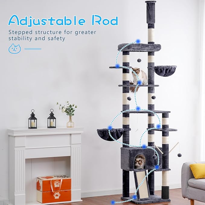 Hey-brother Cat Tree, 98.4-110.2 Inches Floor to Ceiling Cat Tree-Adjustable Height, Tall Cat Climbing Tower for Cats Large Adult with Scratching Post, Cat cando, Smoky Gray 0MPJ091G