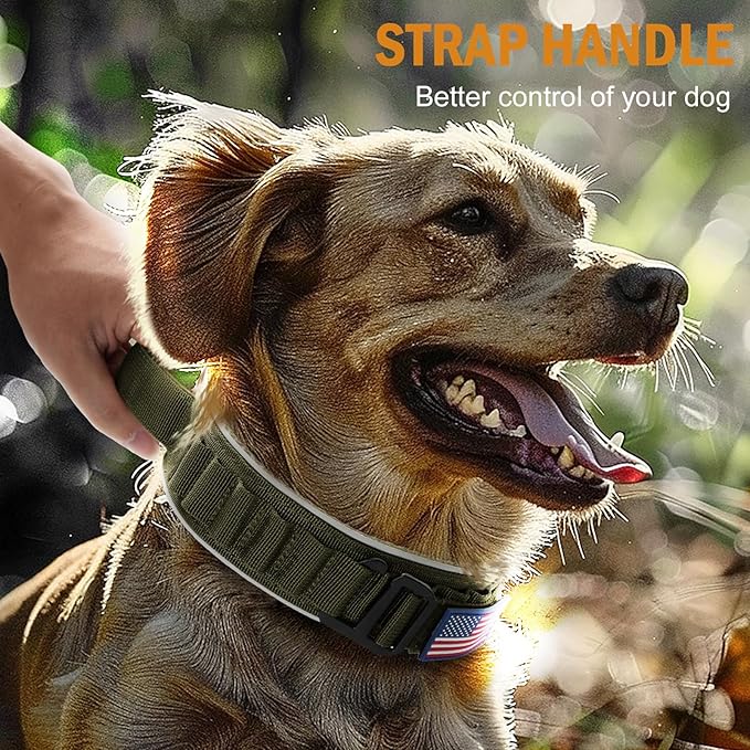 HYDEME Tactical Dog Collar, Alpine Loop Adjustable Military Training Nylon Dog Collars with Handle and Reflective for Small Medium Large Dogs, with Airtags Protective Case & Patches.(M,OliveGreen)