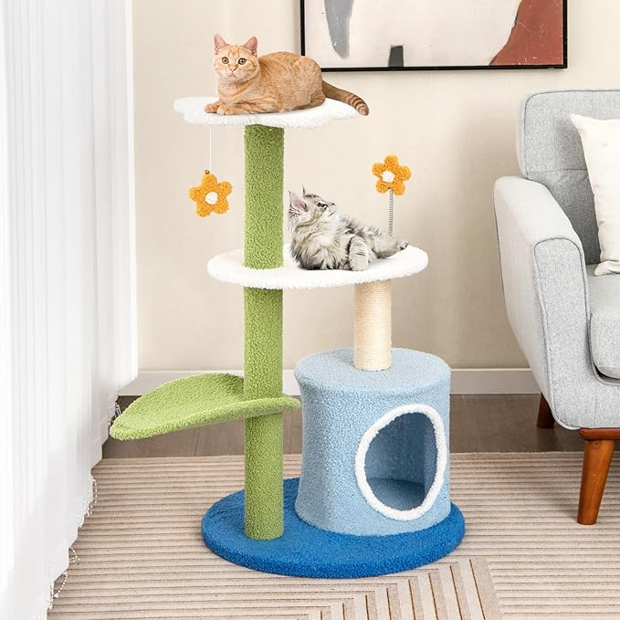 PETSITE 34.5 inch Cute Small Cat Tree, Flower Cat Tree with Sisal Scratching Post, Plush Top Perch, Cat Condo, Fluffy Spring Ball & Jingling Ball
