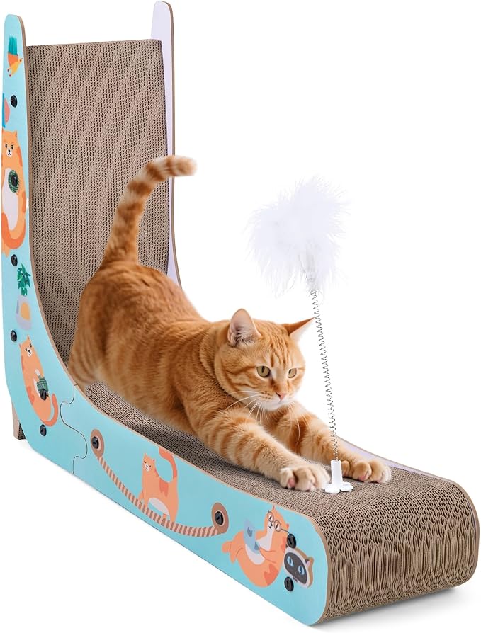 COZIWOW L-Shape Cat Scratcher Lounge, Corrugated Cardboard Scratching Pad for Indoor Cats, Durable Cat Furniture with Spring Toy (Colorful)