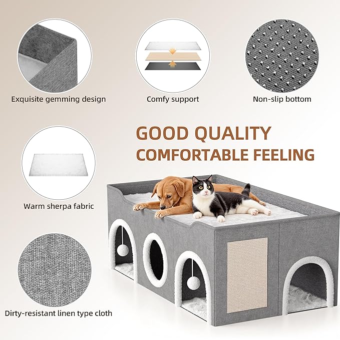 All-in-1 Extra-Wide Cat House for Indoor, Multi Cats Puppy Family, Large Cat Cave for Pet House with Fluffy Ball Hanging and Scratch Pad, Foldable Dog Hideaway