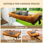 [Ready to Gift] PURRHOUSE 45LBS Cat Window Perch with Bolster, Hammock Seat with Plywood & Metal Frame, Cat Bed for Windowsill, Bedside and Cabinet (Walnut Wood & Brown Cushion, 24.8''W x 9.4''H)