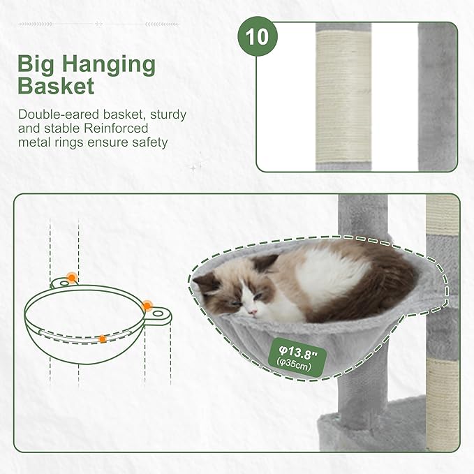 Cat Tree for Large Adult, 71.7'' Tall Cat Tower for Indoor Cats, Sturdy Heavy Duty Cat Tree Tower for 20 lbs+Cats, 3 Big Cat Condos, 10 Scratching Posts, 3 Platforms, Light Gray GCT036W