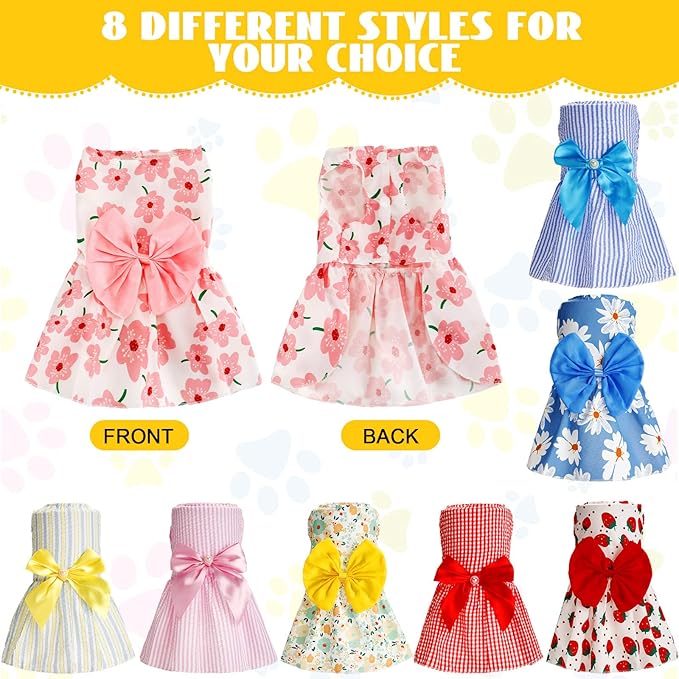Sanwuta 8 Pieces Dog Bowknot Dresses Puppy Clothes Outfits Princess Dresses Soft Lightweight Summer Fruit Floral Pattern Pet Skirts for Girl Puppy(Small)