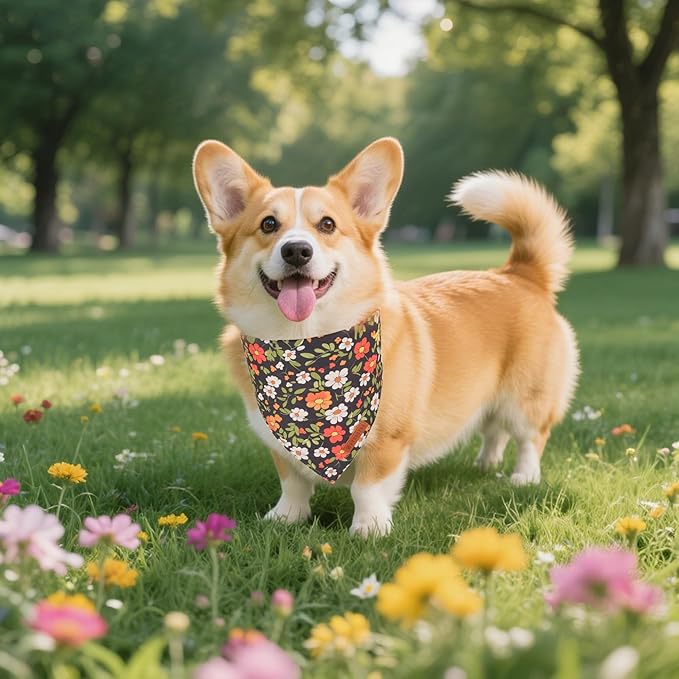 ADOGGYGO Floral Dog Bandana, Black Pink Flower Pet Scarf, Premium Durable Fabric, Cute Floral Bandanas for Small Dogs (Small)