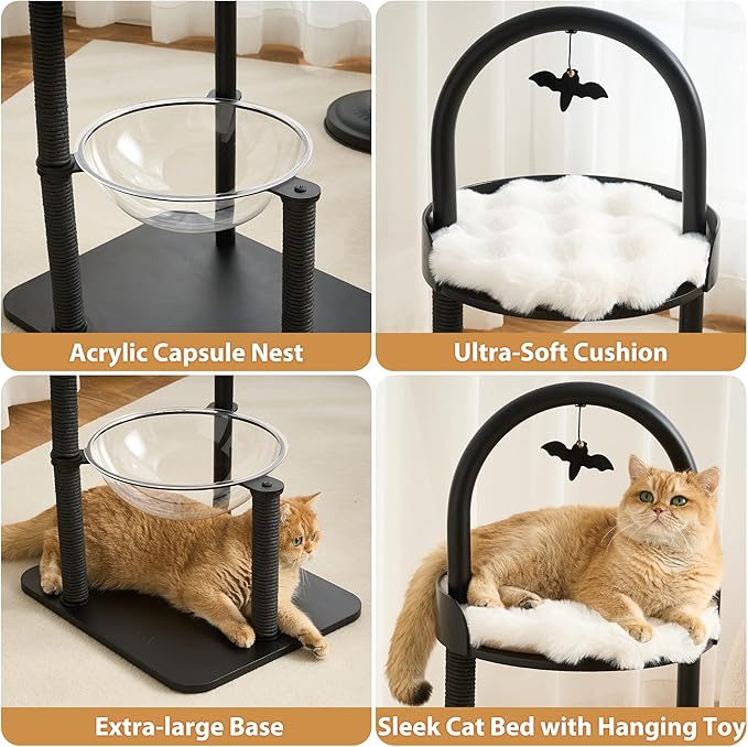 34" Modern Cat Tree Furniture, Minimalist Metal Frame Cat Tower with Wood Platforms, Washable Cushion & Scratching Post, Stylish Cat Condo for Indoor Cats, Classic Black