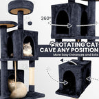 58.5inch Large Cat Tree Tower Condo for Indoor Cats, Soft Plush Multi-Level Climbing Tree Cat House with 1 360° Rotating Cat Cave, Scratching Post, More Entrance/Exit, Sisal Rope, Smoke Gray
