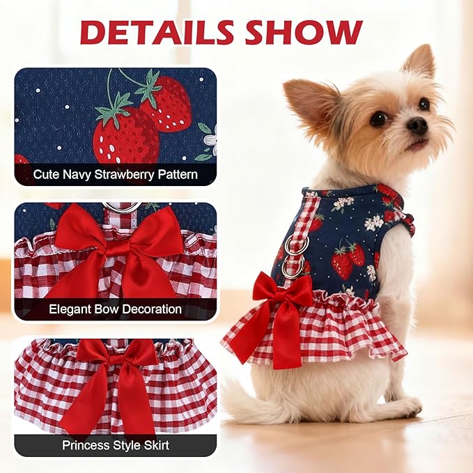 EXPAWLORER Dog Harness Small Medium Sized Dogs, Plaid Dog Dress Bowknot Harness and Leash Set, No Choke No Pull Soft Mesh Vest Cute Princess Puppy Outfits Clothes Costume for Girls Party Cats Navy M