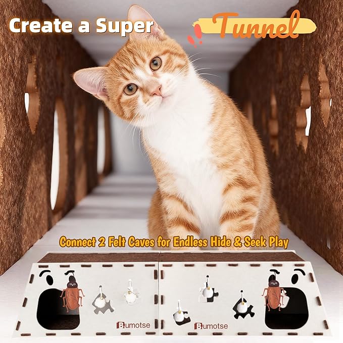2-Story Large Cat Condo for Indoor Cats with Catnip Toy, Felt Cat Cave House with Scratching Tunnel, No-Tool Assembly Warm Silent Cat Bed for Multi-Cat Households, Durable and Washable, Cream