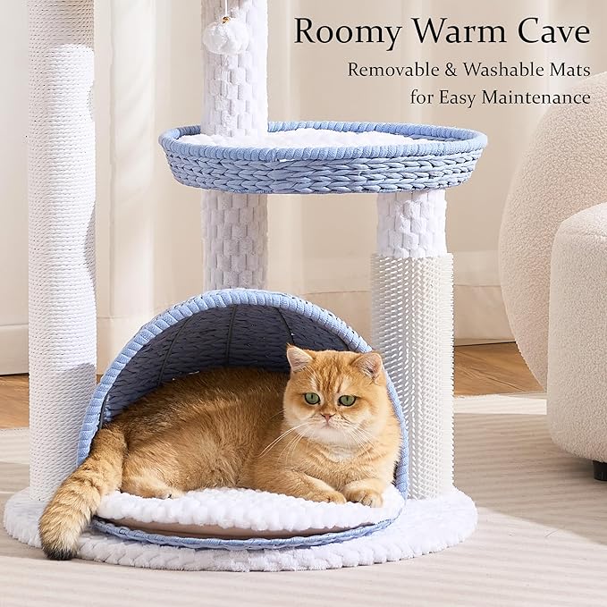Wood Modern Cat Tree for Large Cat, 46" Tall Cat Tower with Scratching Posts, Cat Condo, Aesthetic Multi-Level Cat Climbing Tree with Hand-Woven Bed for Adult Indoor Cats-Blue