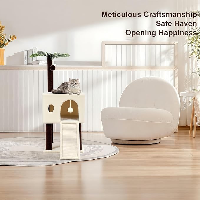 41″ Cat Tree for Indoor Cats Furniture, Cat Tower with Scratching Board, Modern Activity House for Large Cats, Condo with Ball Toys, Kittens Cave, Cat's nest, Beige White