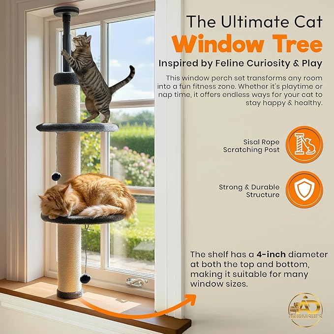 Window Cat Tree & Small Cat Tower (104.5-120.5cm) – Adjustable Cat Window Perch & Shelf for Indoor Cats – Sturdy Window Sill Extender Seat for Large Cats