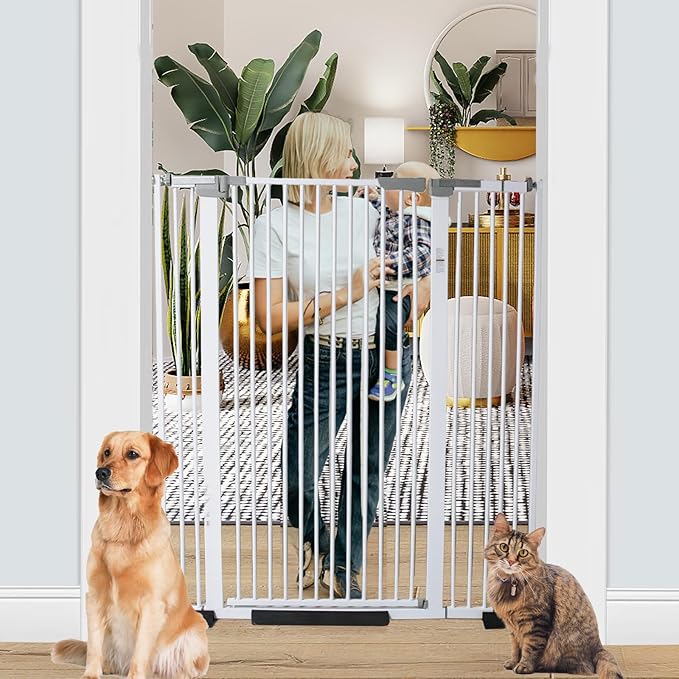 51.18 Inch Extra Tall Pet Gate, 29.5-43" Adjustable Wide Auto Close Dog Gates, Pressure Mounted Walk Through Tall Cat Gate for Doorways,Hallway,Stairs（White）