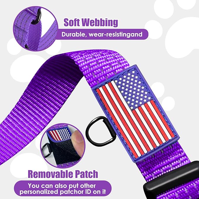 Martingale Dog Collar, Reflective No Pull Training Collar with Quick Release Buckle & USA Flag, Heavy-Duty Nylon, Adjustable for Small Medium Large Dogs (M,Purple