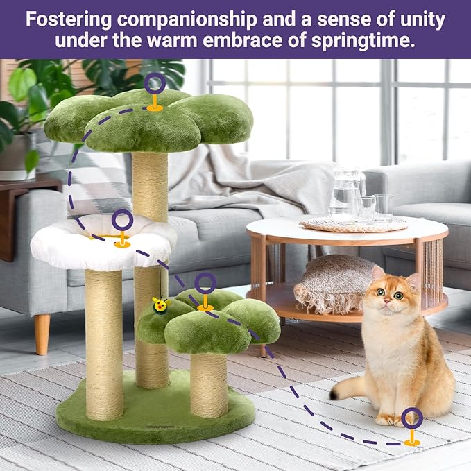 Happy & Polly Flowers Cat Tree Cute Cat Tower 35.4 Inches Multi-Level Stable Condo for Large Cats Easy to Assemble with Scratching Posts Cat Furniture Activity Center for Kitten