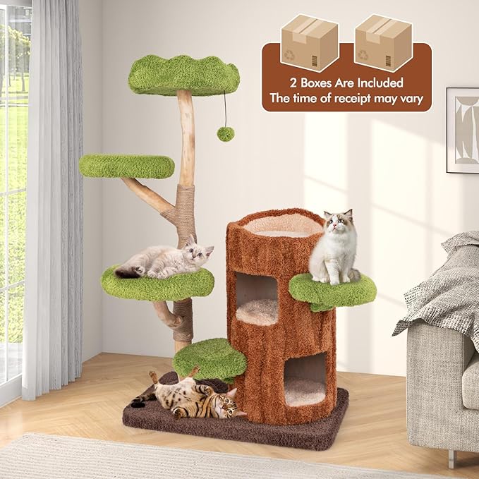 PETSITE 55 Inch Wood Cat Tree, Multi-Level Cat Tower with Double Decker Cat House, Scratching Posts and Sisal Board, Soft Padded Platforms, and Hanging Toy, Wooden Large Cat Tree Tower for Indoor Cats