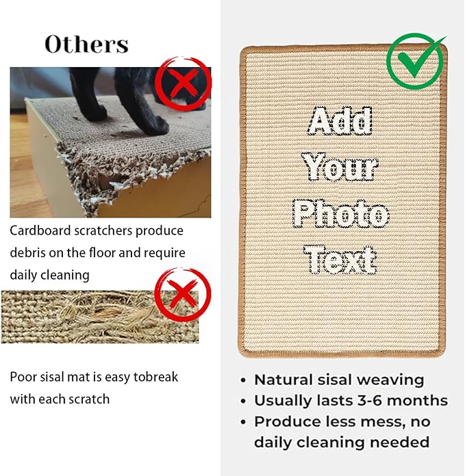 Custom Cat Scratcher Mat,Personalized Wall-Mountable Cat Scratch Pad,23.6 X 15.7In Natural Sisal Cat Scratching Board for Floor,Wall,Couch & Carpet,Indoor Cats Toy Furniture Protector