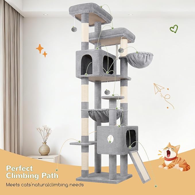 Globlazer 80 Inch Cat Tree for Large Cats, Stable Multi-Level Cat Tree with 2 Condos & Sisal Scratching Posts for 2-3 Cats, Thickened Base Space Saving Cat Tree Tower, F80G, Light Gray